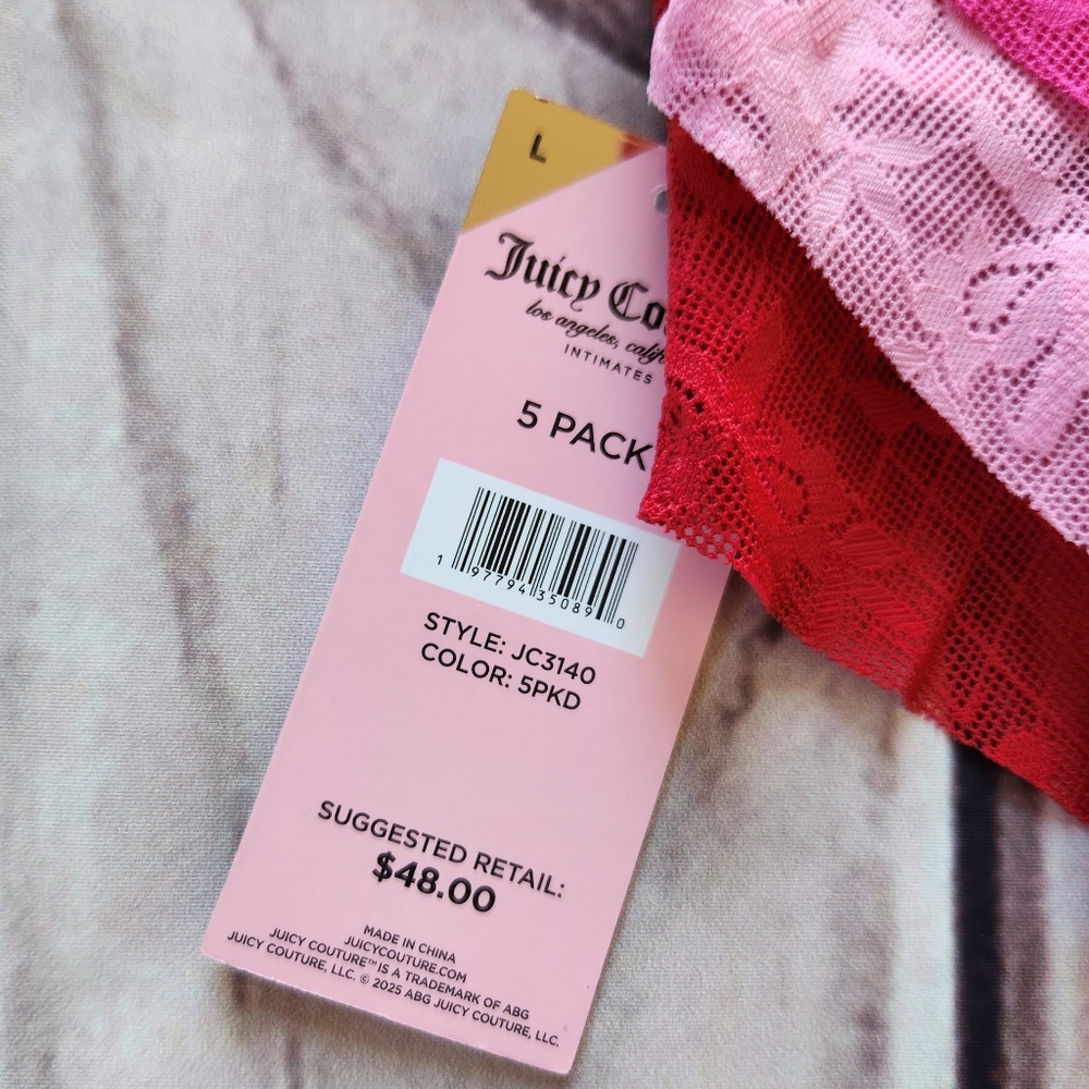 NWT Juicy Couture Underwear Set Lace Lacy Cheeky 5 Pack Red Pink, Women's Size L - Picture 6 of 7